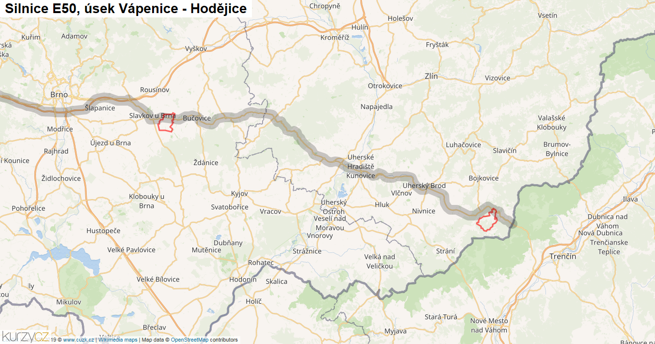 Úsek Vápenice - Hodějice, Silnice E50 - Mapa