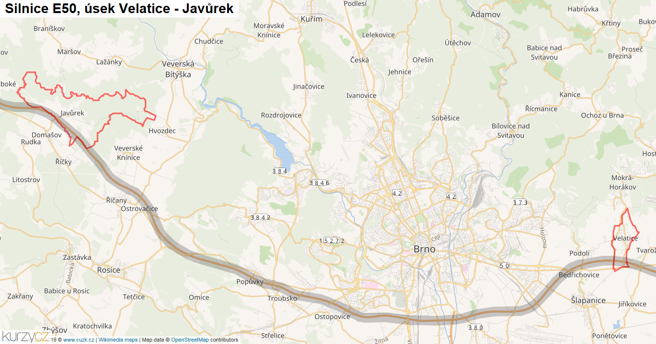 Úsek Velatice - Javůrek, Silnice E50 - Mapa
