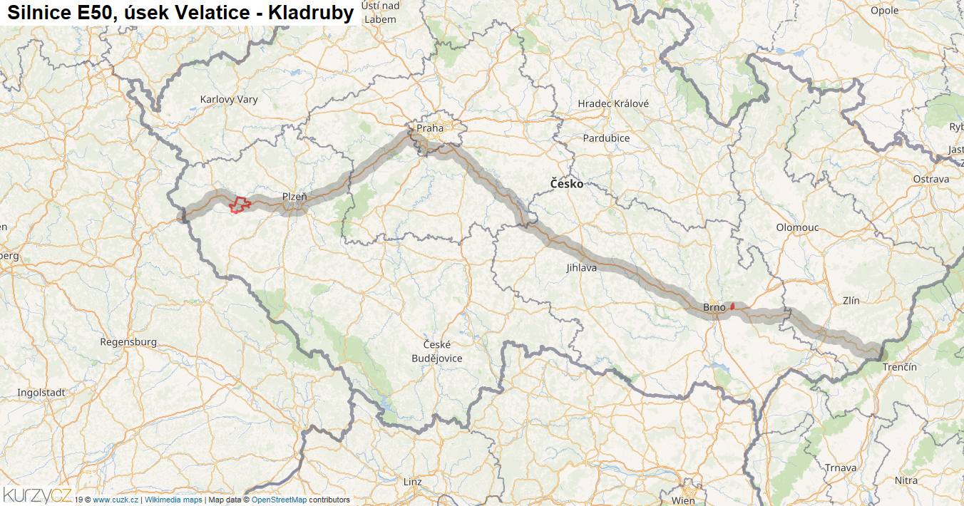 Úsek Velatice - Kladruby, Silnice E50 - Mapa