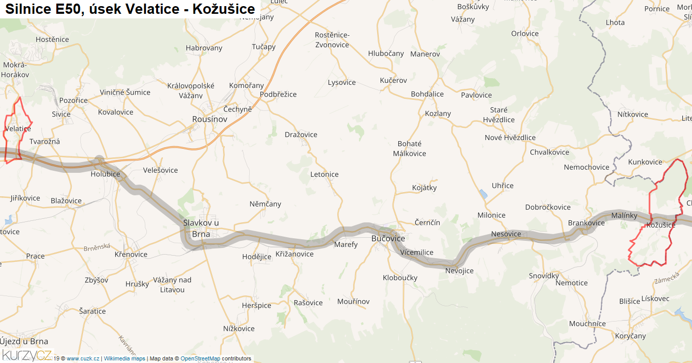 Úsek Velatice - Kožušice, Silnice E50 - Mapa