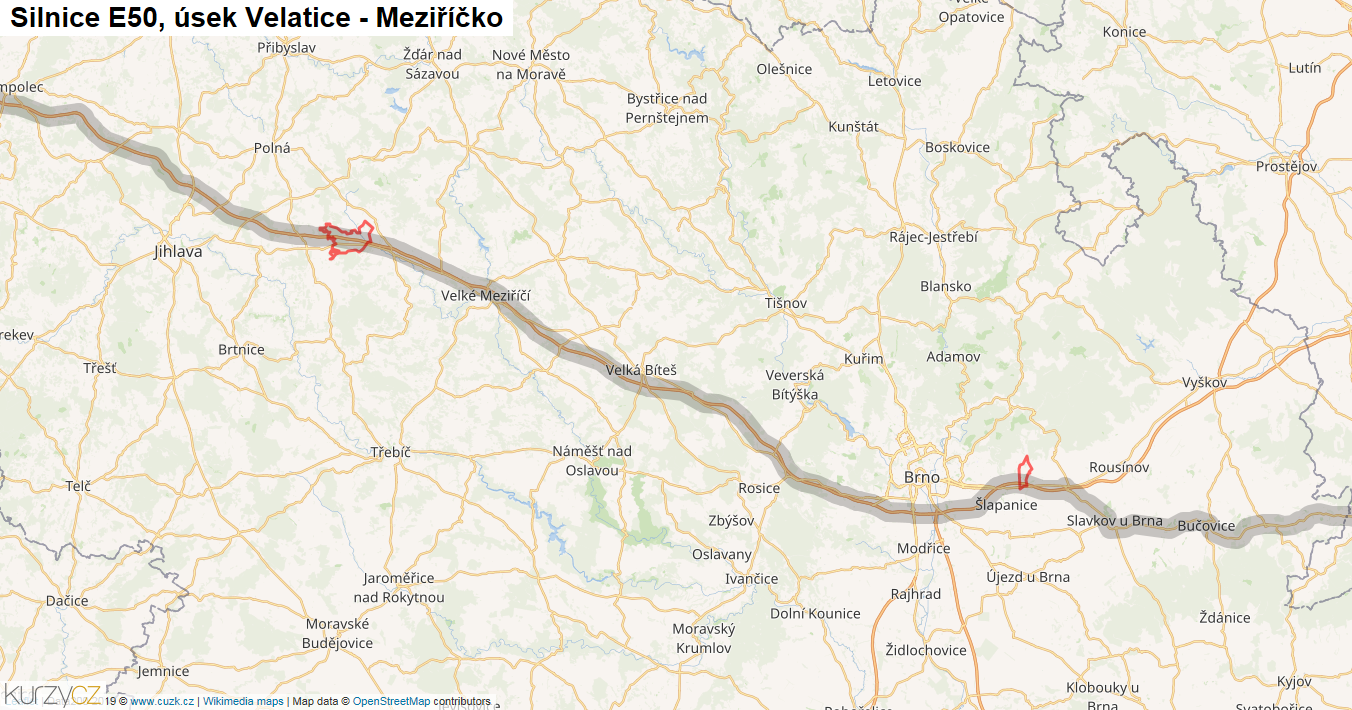 Úsek Velatice - Meziříčko, Silnice E50 - Mapa