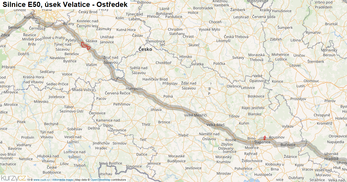 Úsek Velatice - Ostředek, Silnice E50 - Mapa