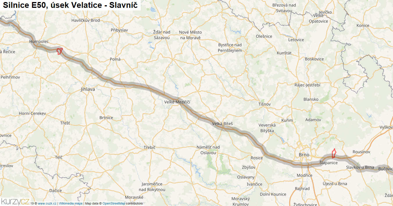 Úsek Velatice - Slavníč, Silnice E50 - Mapa