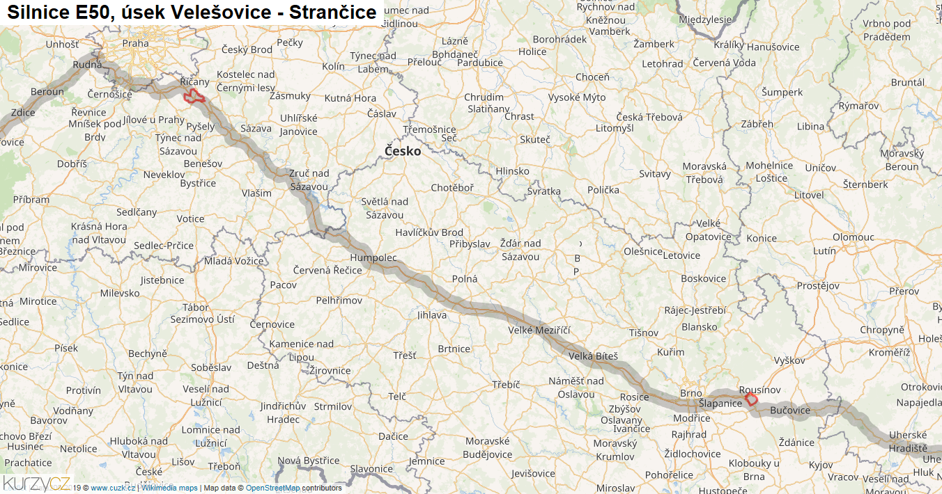 Úsek Velešovice - Strančice, Silnice E50 - Mapa