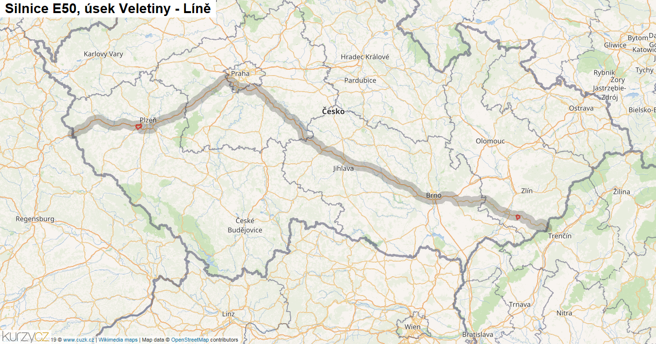 Úsek Veletiny - Líně, Silnice E50 - Mapa