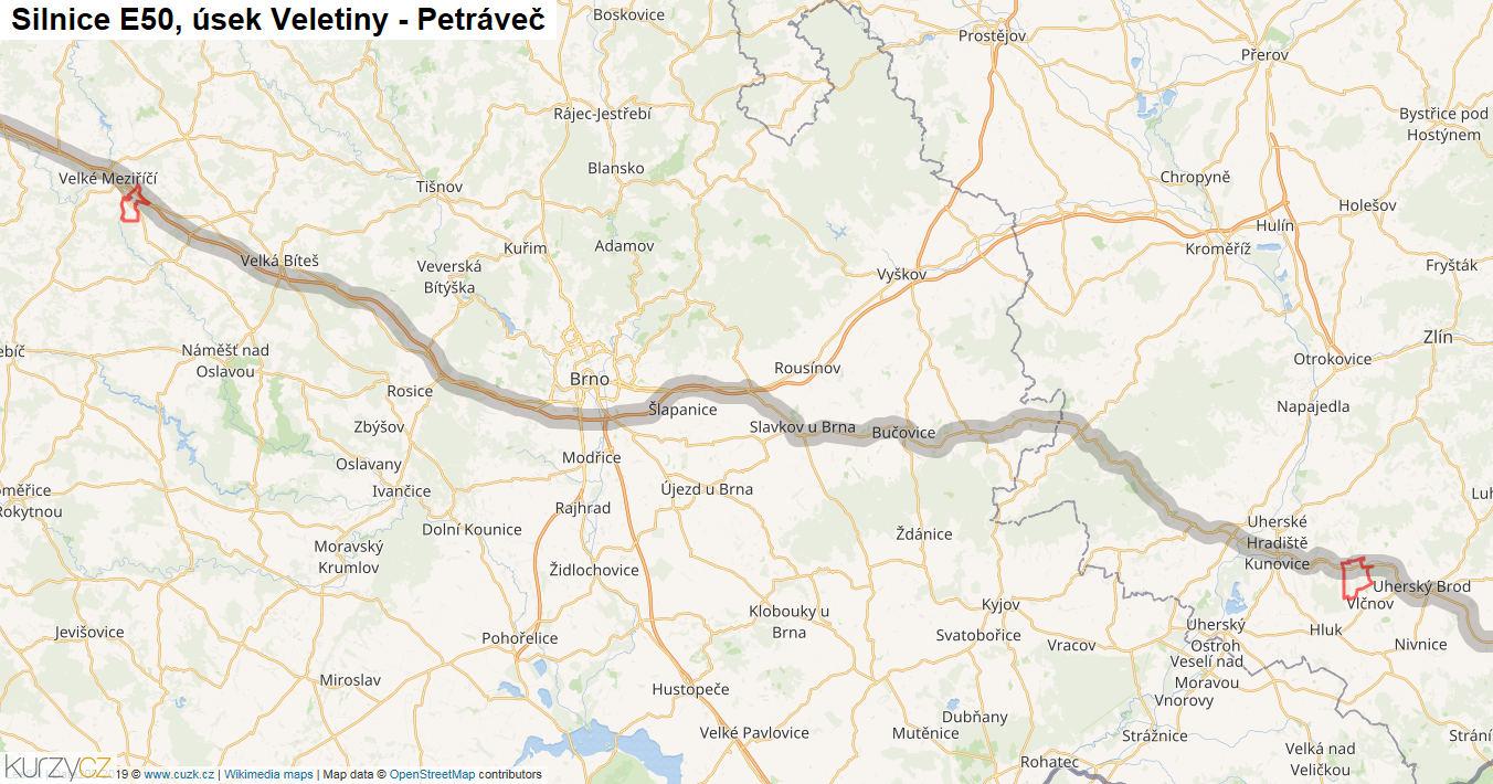 Úsek Veletiny - Petráveč, Silnice E50 - Mapa