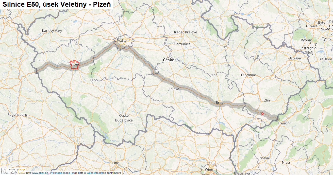 Úsek Veletiny - Plzeň, Silnice E50 - Mapa
