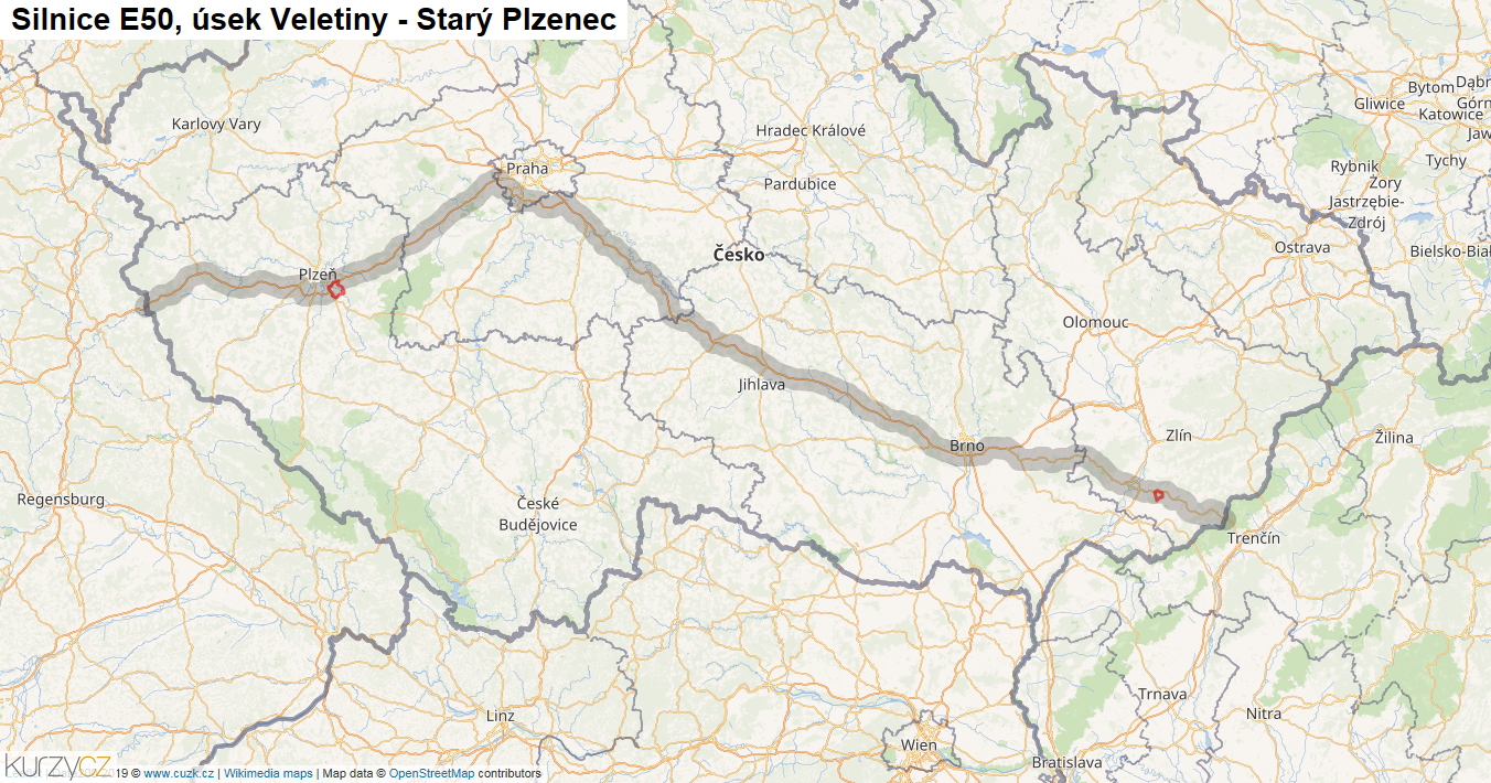 Úsek Veletiny - Starý Plzenec, Silnice E50 - Mapa