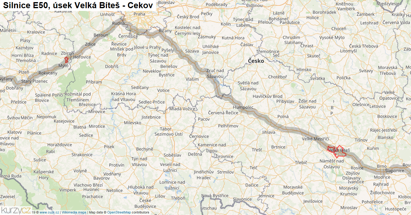 Úsek Velká Bíteš - Cekov, Silnice E50 - Mapa