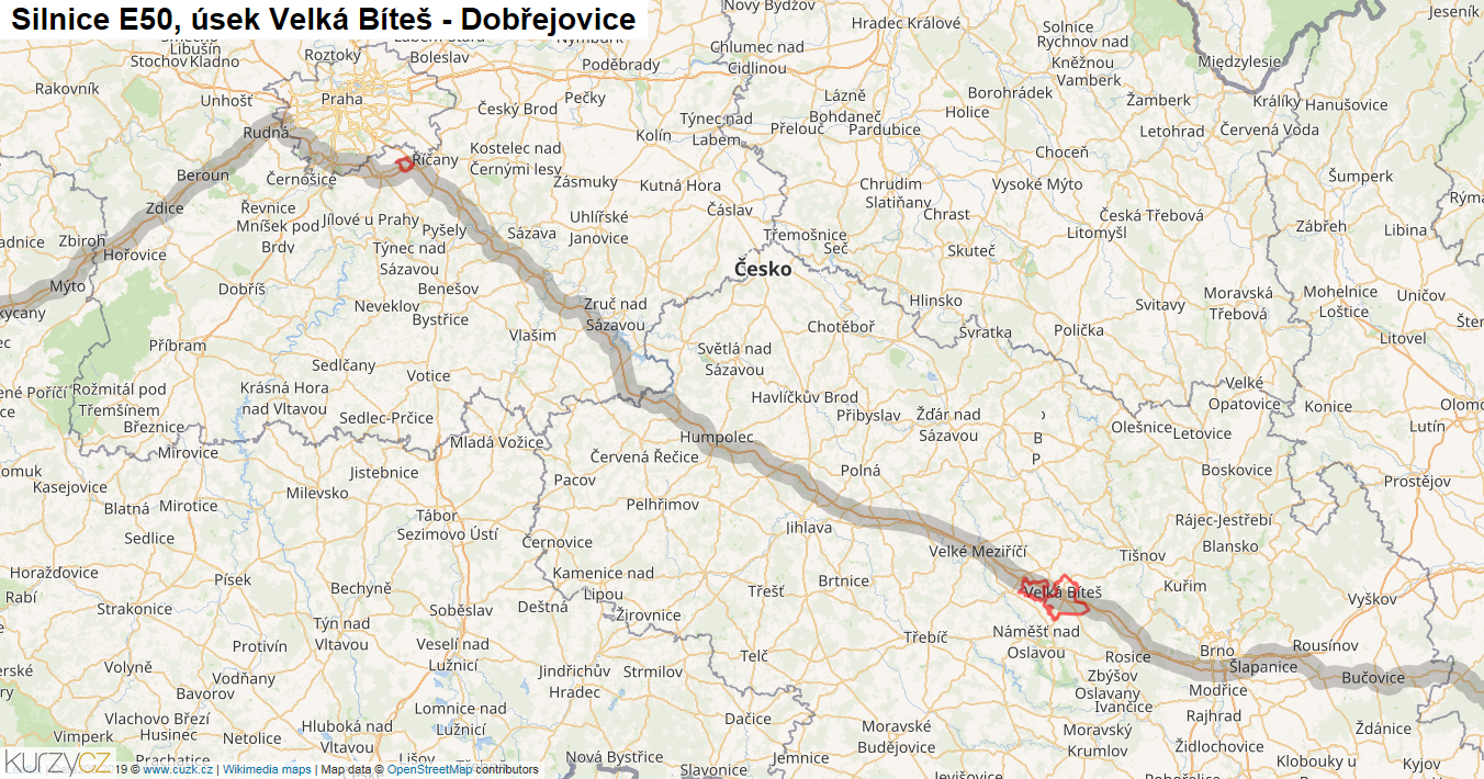 Úsek Velká Bíteš - Dobřejovice, Silnice E50 - Mapa