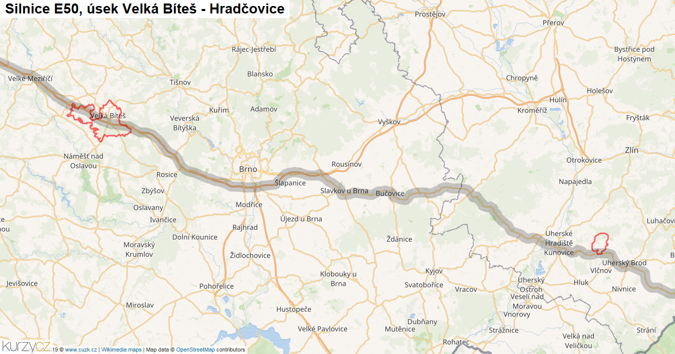 Úsek Velká Bíteš - Hradčovice, Silnice E50 - Mapa