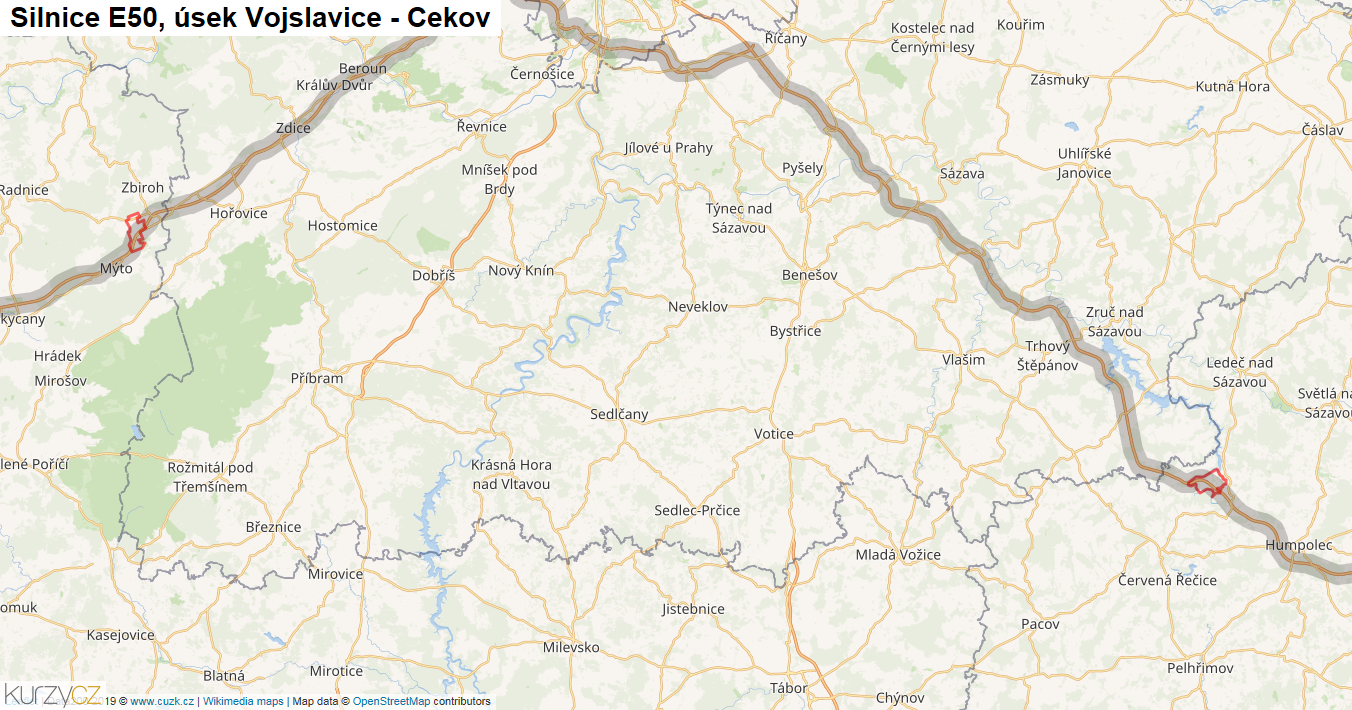 Úsek Vojslavice - Cekov, Silnice E50 - Mapa