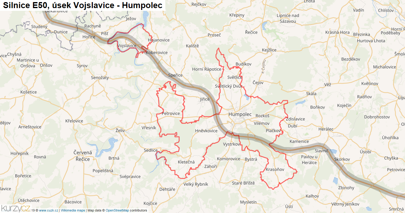 Úsek Vojslavice - Humpolec, Silnice E50 - Mapa