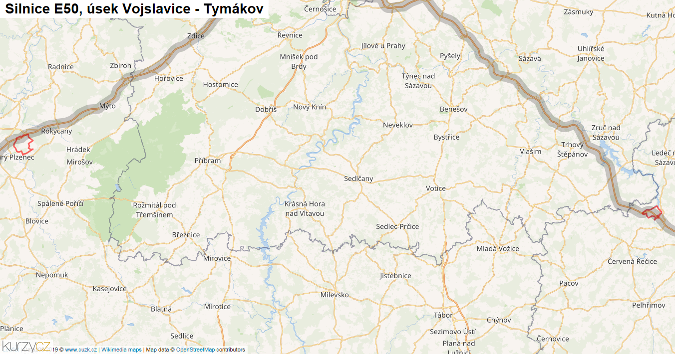 Úsek Vojslavice - Tymákov, Silnice E50 - Mapa