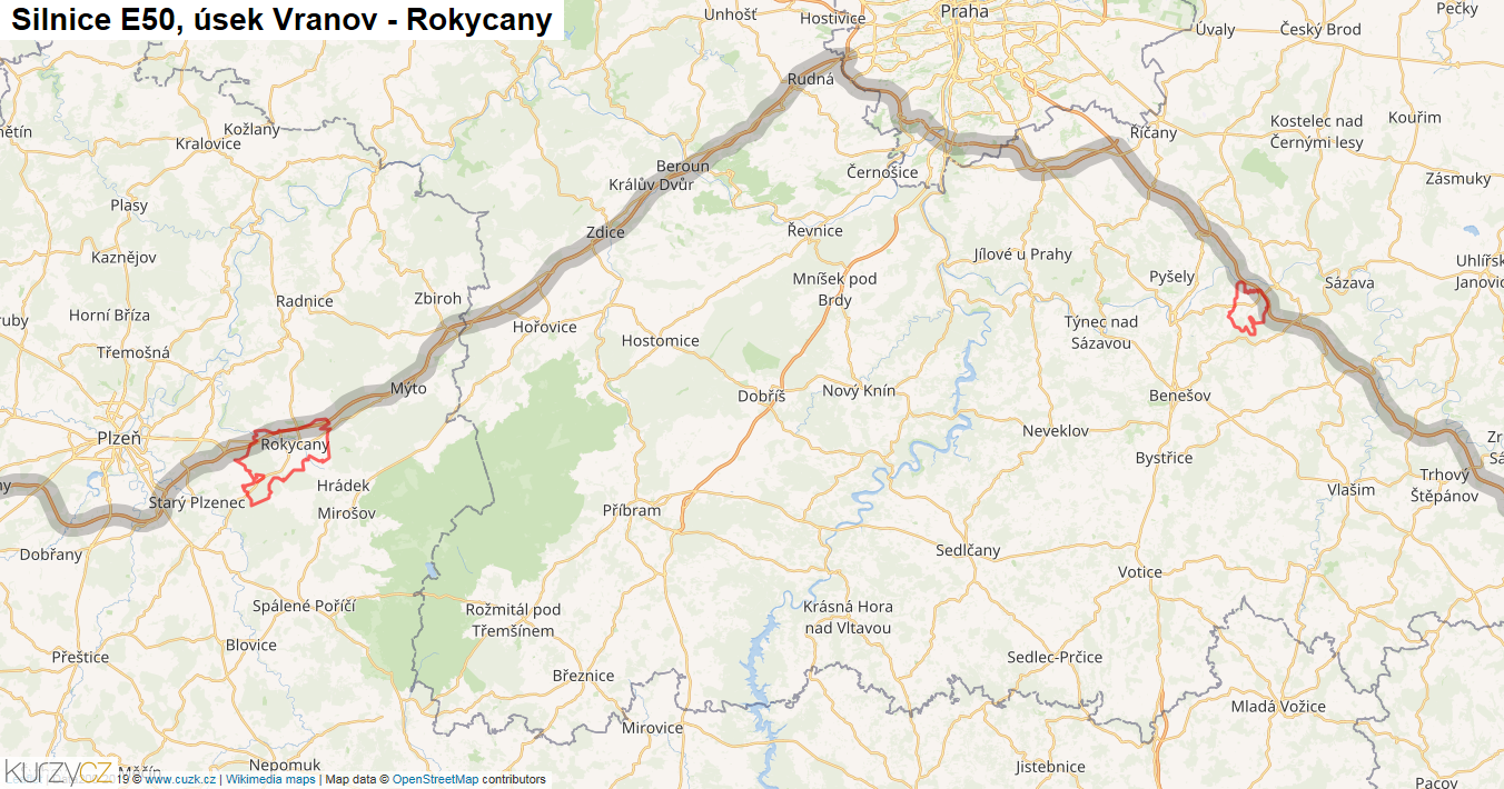 Úsek Vranov - Rokycany, Silnice E50 - Mapa