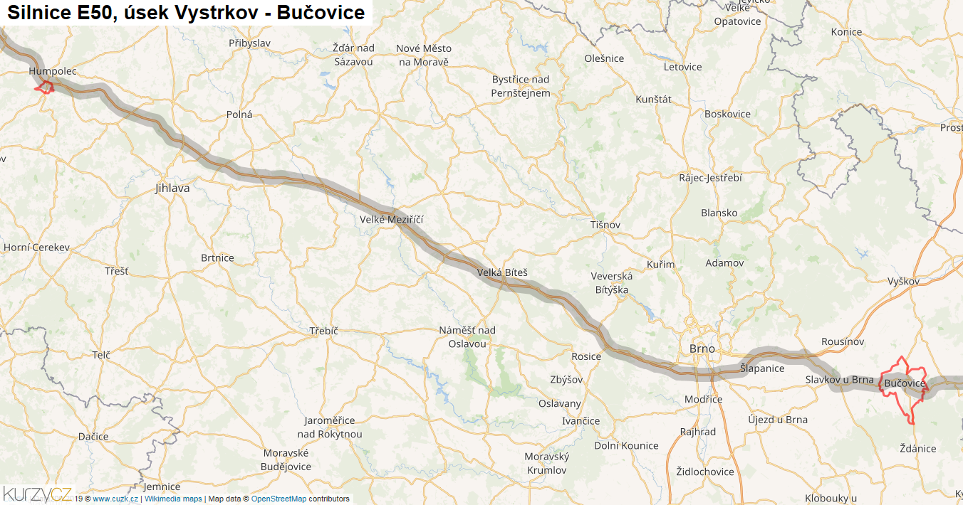Úsek Vystrkov - Bučovice, Silnice E50 - Mapa