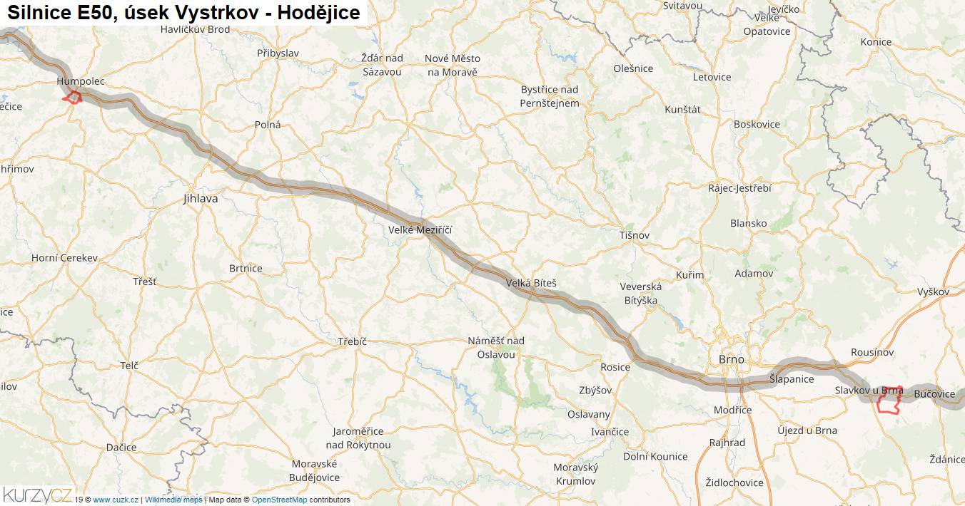 Úsek Vystrkov - Hodějice, Silnice E50 - Mapa