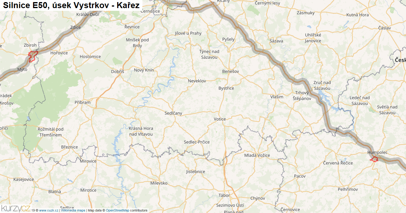 Úsek Vystrkov - Kařez, Silnice E50 - Mapa