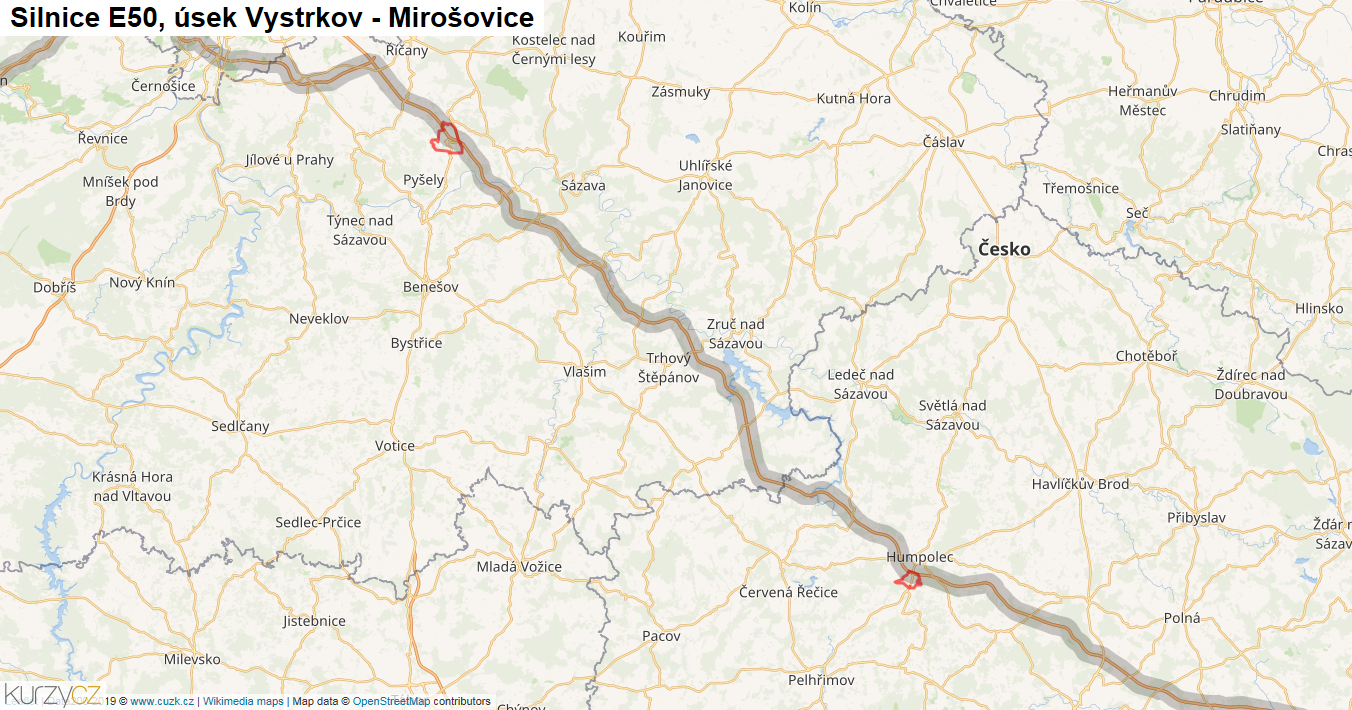 Úsek Vystrkov - Mirošovice, Silnice E50 - Mapa