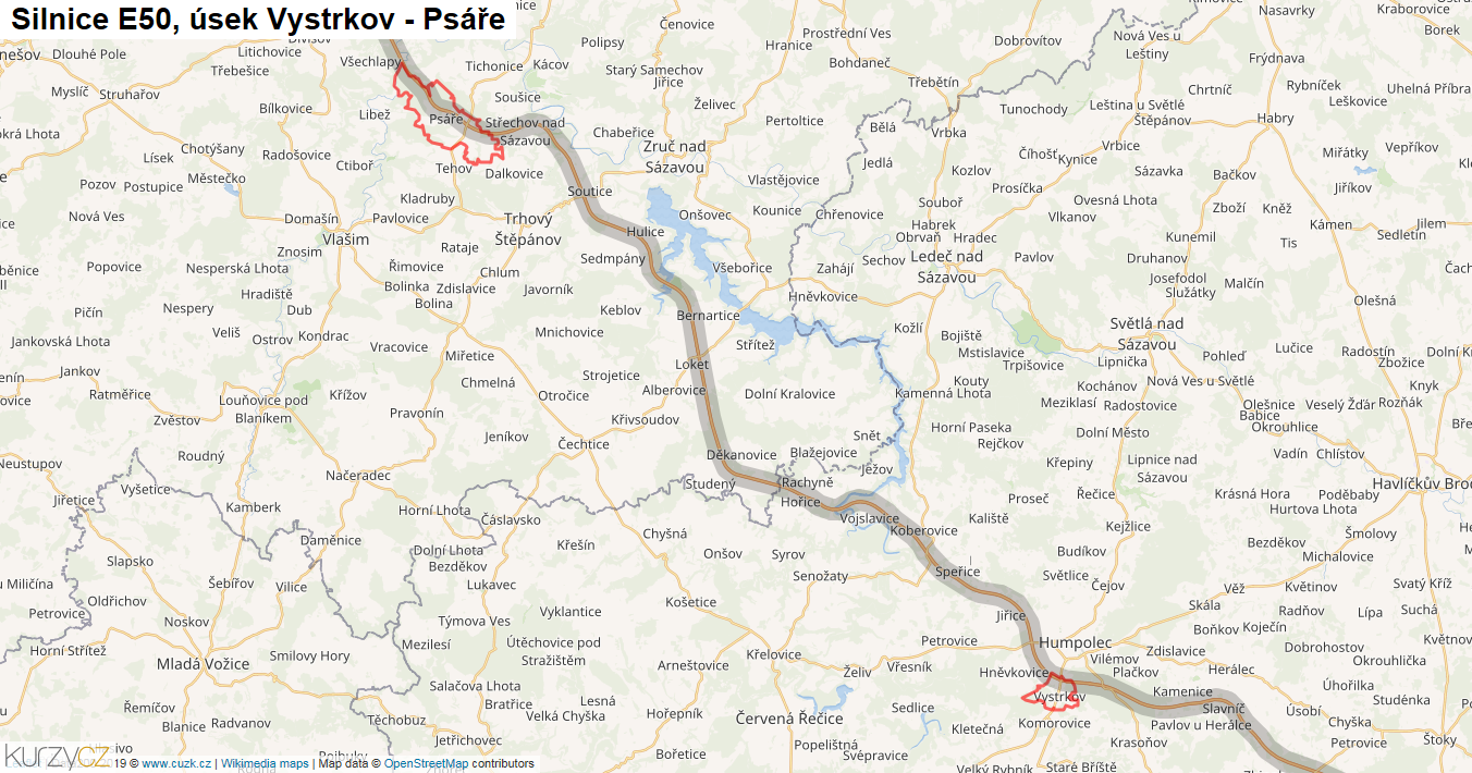 Úsek Vystrkov - Psáře, Silnice E50 - Mapa