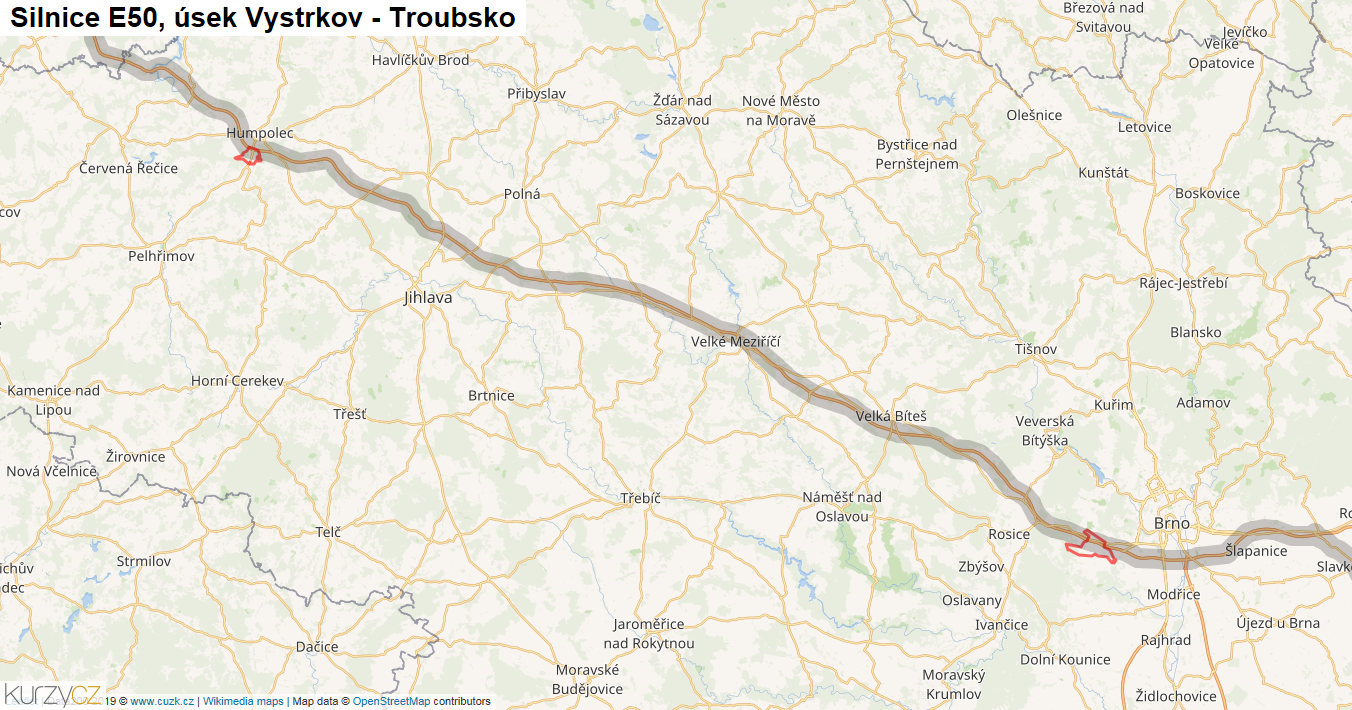 Úsek Vystrkov - Troubsko, Silnice E50 - Mapa