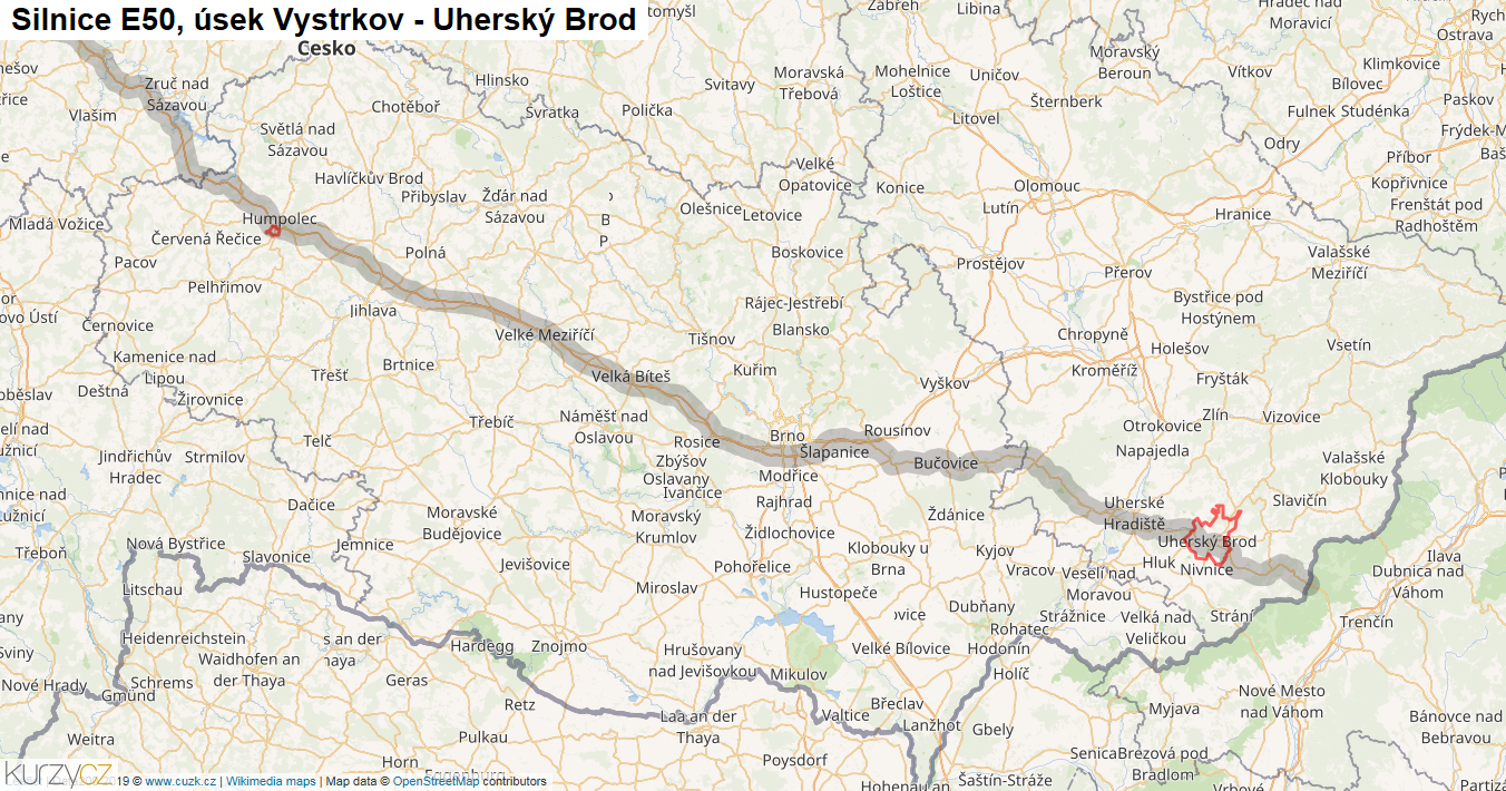 Úsek Vystrkov - Uherský Brod, Silnice E50 - Mapa