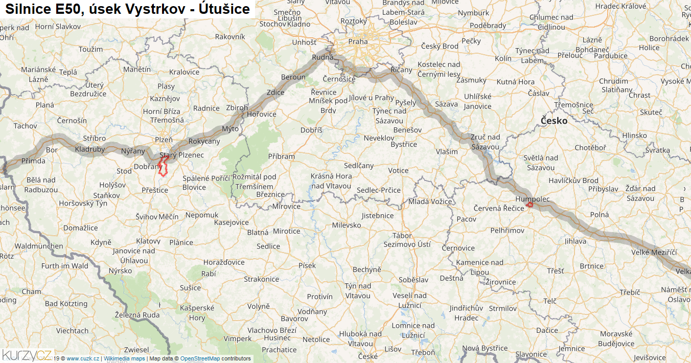 Úsek Vystrkov - Útušice, Silnice E50 - Mapa