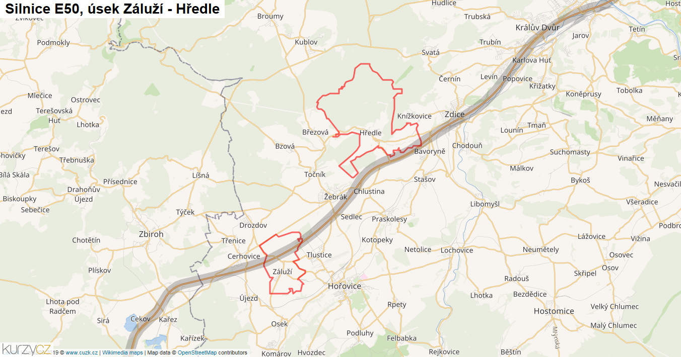 Úsek Záluží - Hředle, Silnice E50 - Mapa