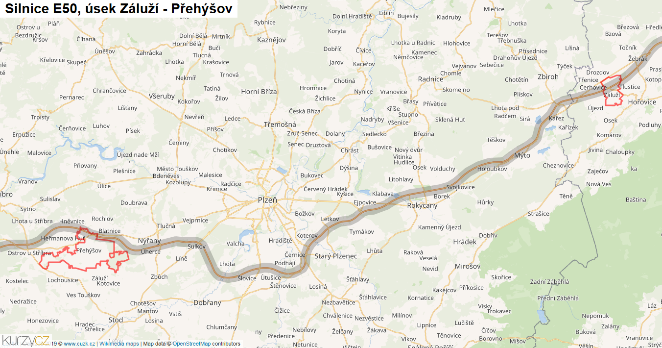 Úsek Záluží - Přehýšov, Silnice E50 - Mapa
