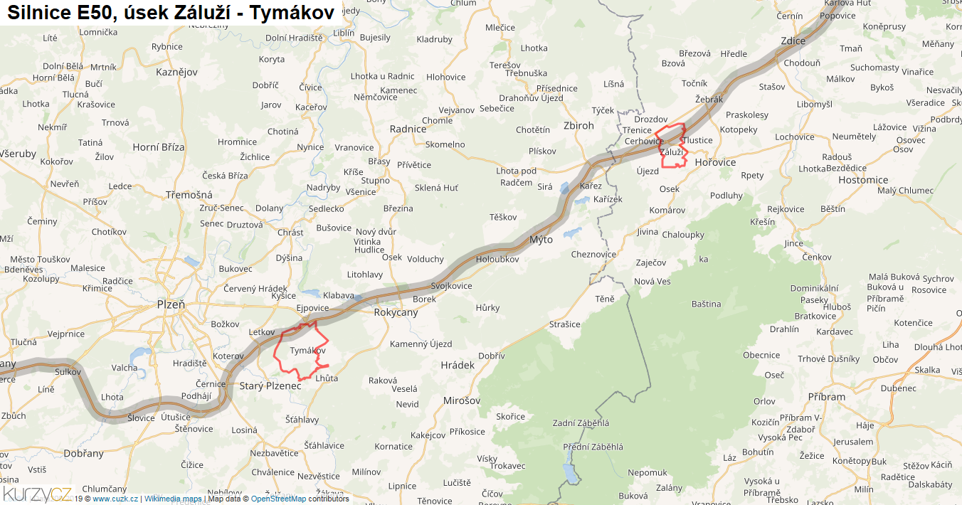 Úsek Záluží - Tymákov, Silnice E50 - Mapa
