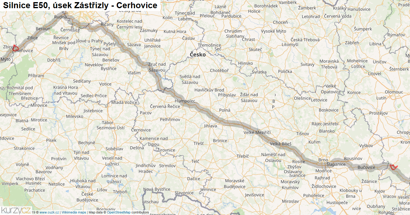 Úsek Zástřizly - Cerhovice, Silnice E50 - Mapa