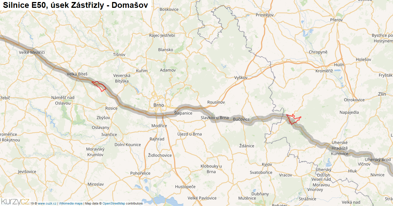 Úsek Zástřizly - Domašov, Silnice E50 - Mapa
