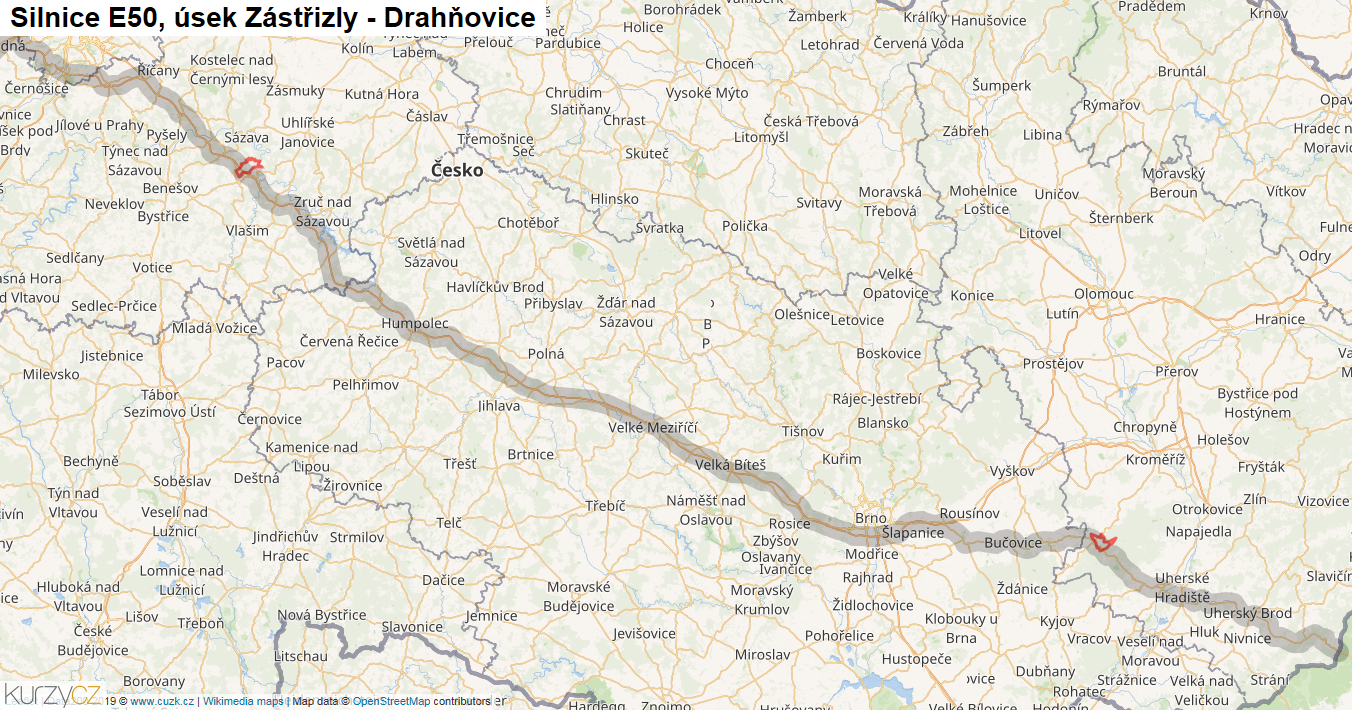 Úsek Zástřizly - Drahňovice, Silnice E50 - Mapa