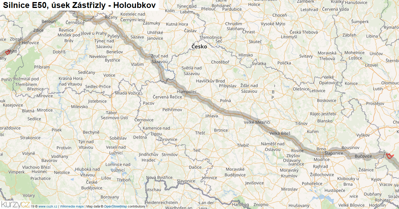 Úsek Zástřizly - Holoubkov, Silnice E50 - Mapa