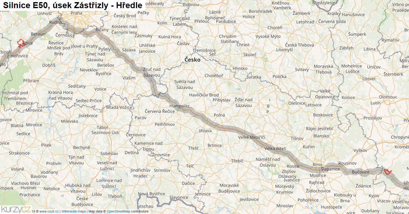 Úsek Zástřizly - Hředle, Silnice E50 - Mapa