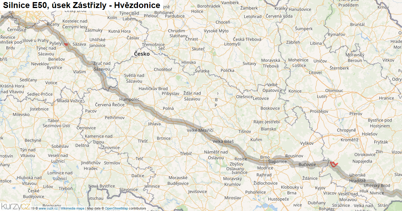 Úsek Zástřizly - Hvězdonice, Silnice E50 - Mapa