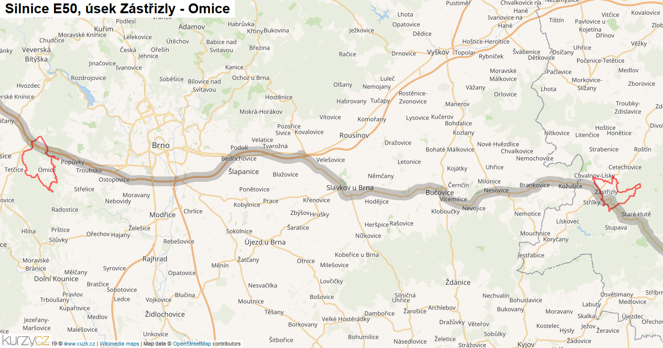 Úsek Zástřizly - Omice, Silnice E50 - Mapa