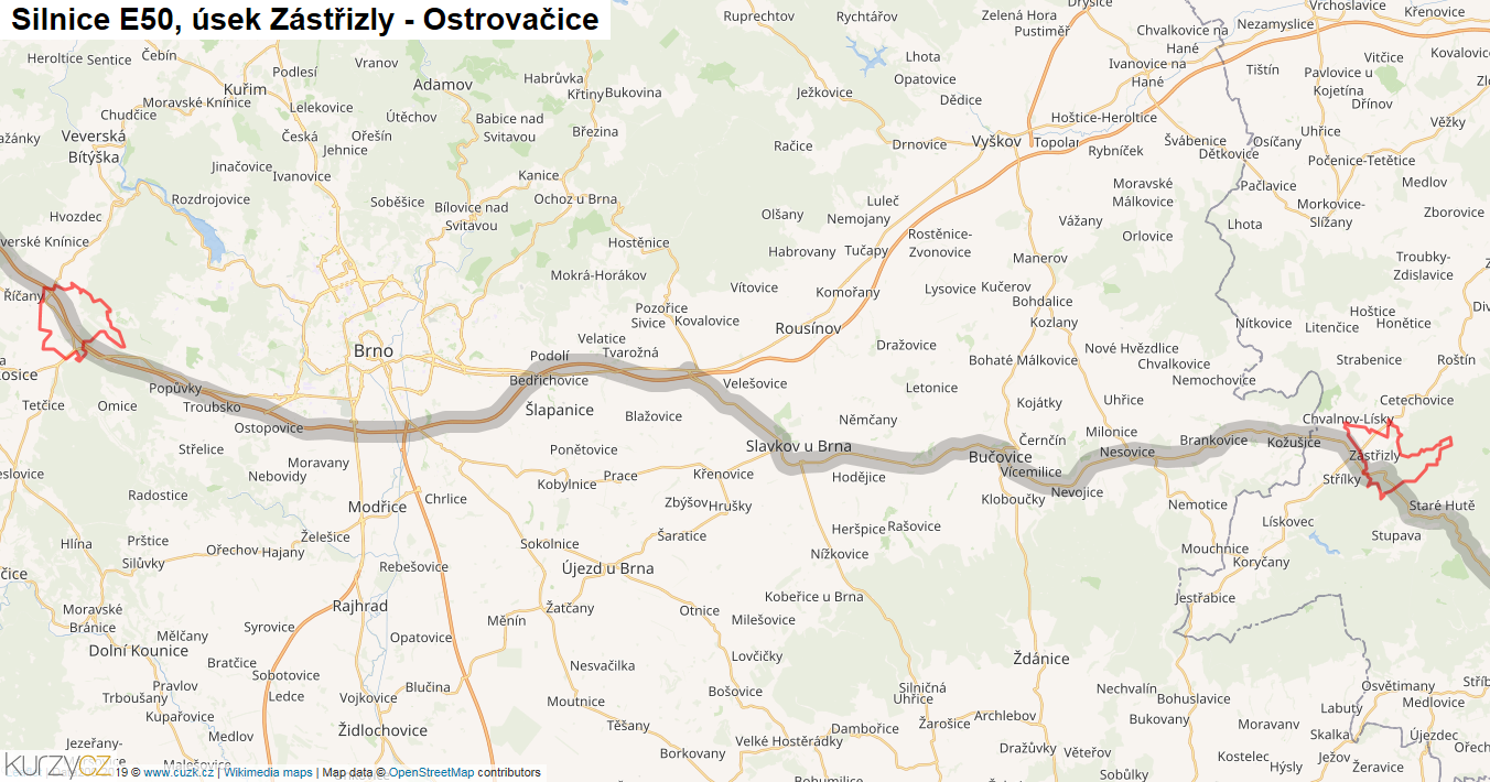 Úsek Zástřizly - Ostrovačice, Silnice E50 - Mapa