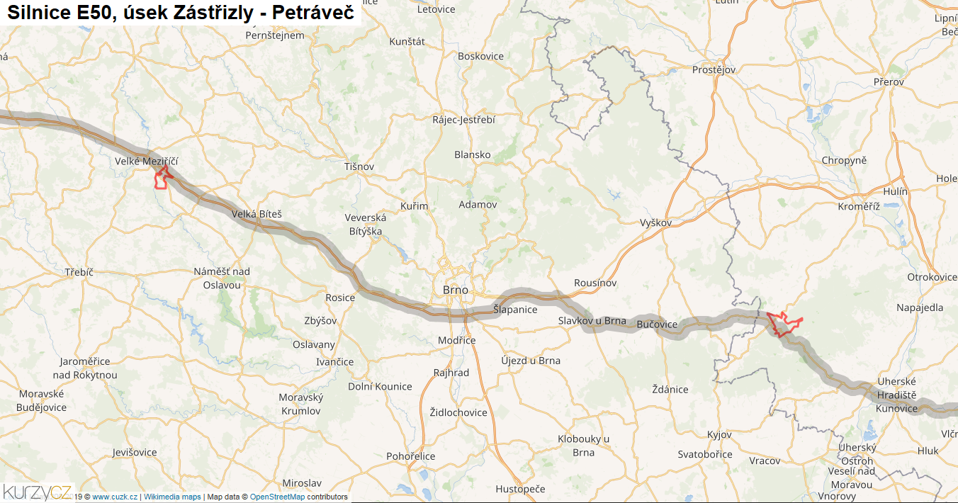 Úsek Zástřizly - Petráveč, Silnice E50 - Mapa