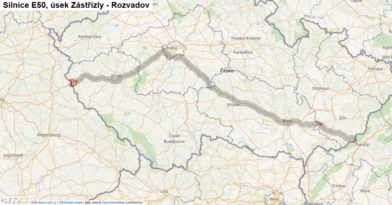 Úsek Zástřizly - Rozvadov, Silnice E50 - Mapa
