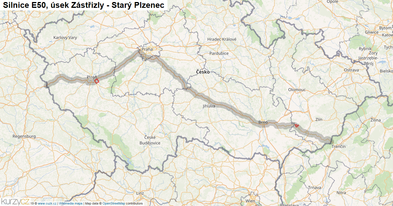 Úsek Zástřizly - Starý Plzenec, Silnice E50 - Mapa