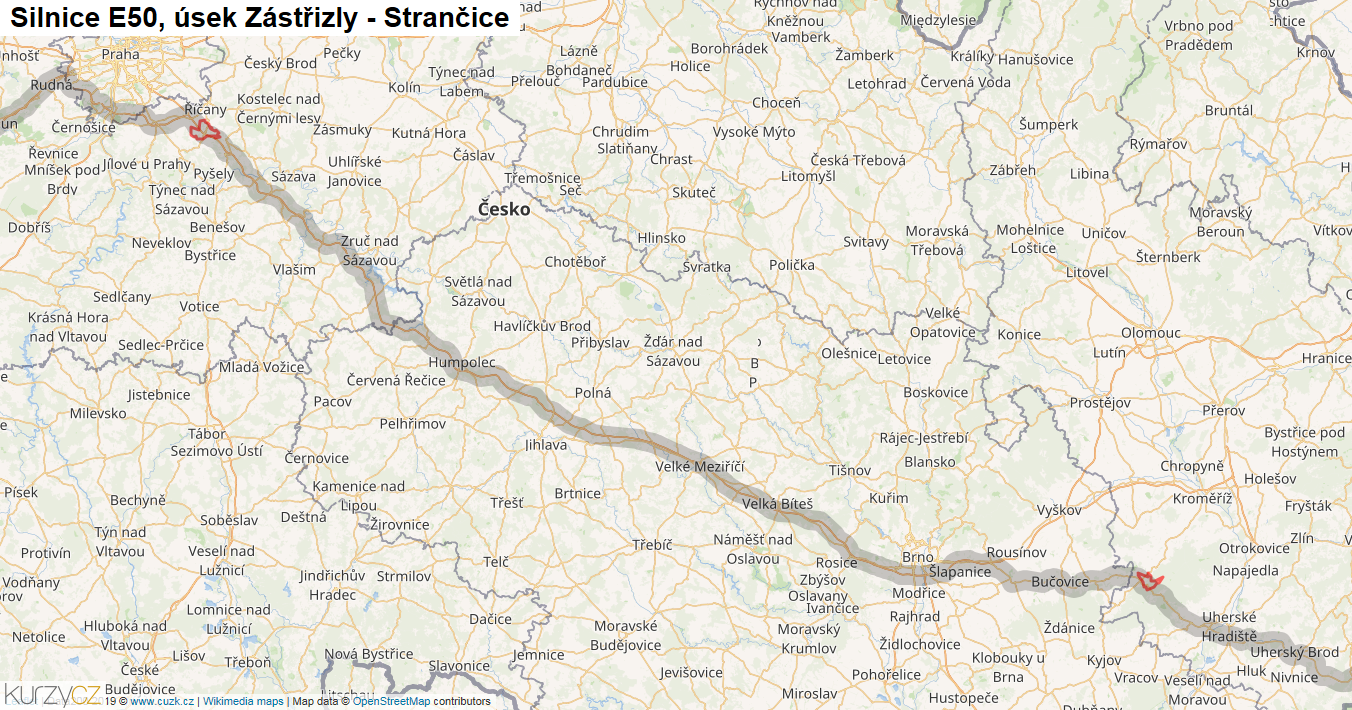 Úsek Zástřizly - Strančice, Silnice E50 - Mapa