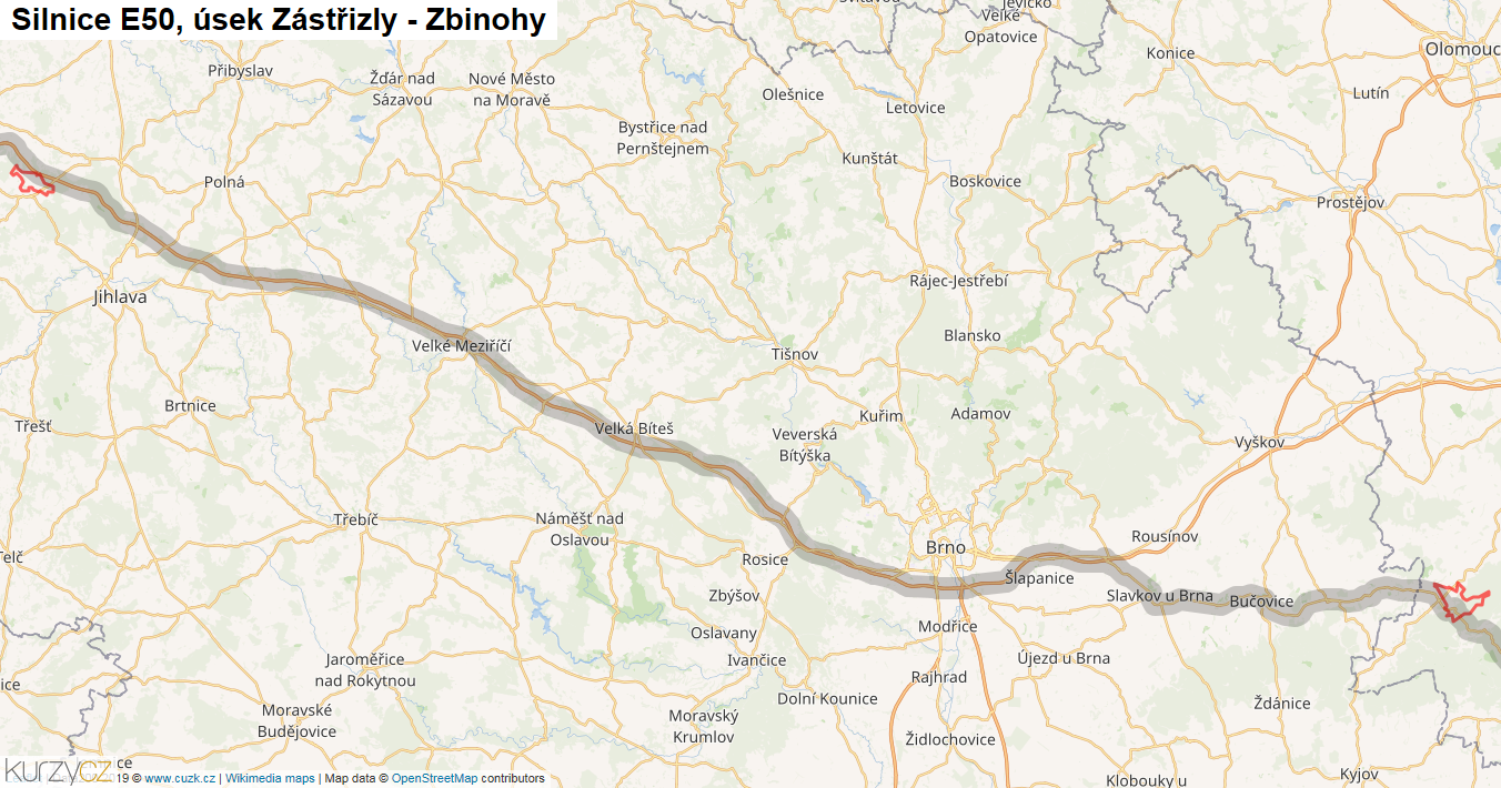 Úsek Zástřizly - Zbinohy, Silnice E50 - Mapa