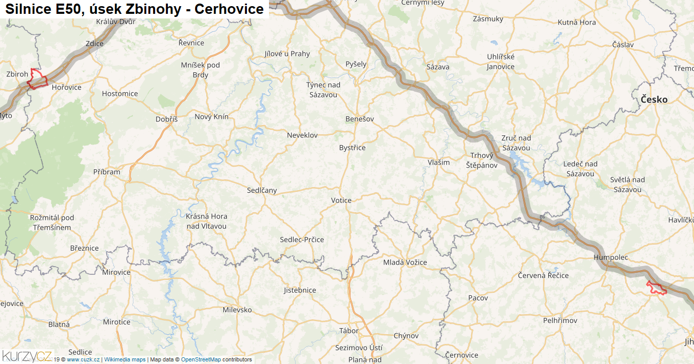 Úsek Zbinohy - Cerhovice, Silnice E50 - Mapa