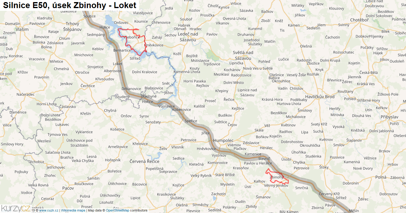 Úsek Zbinohy - Loket, Silnice E50 - Mapa