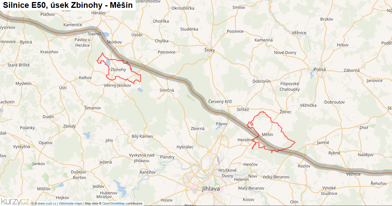 Úsek Zbinohy - Měšín, Silnice E50 - Mapa