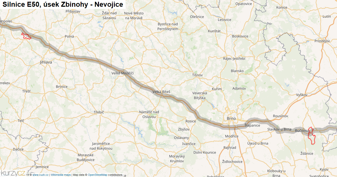 Úsek Zbinohy - Nevojice, Silnice E50 - Mapa