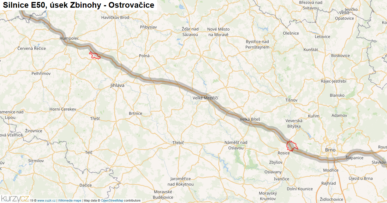 Úsek Zbinohy - Ostrovačice, Silnice E50 - Mapa