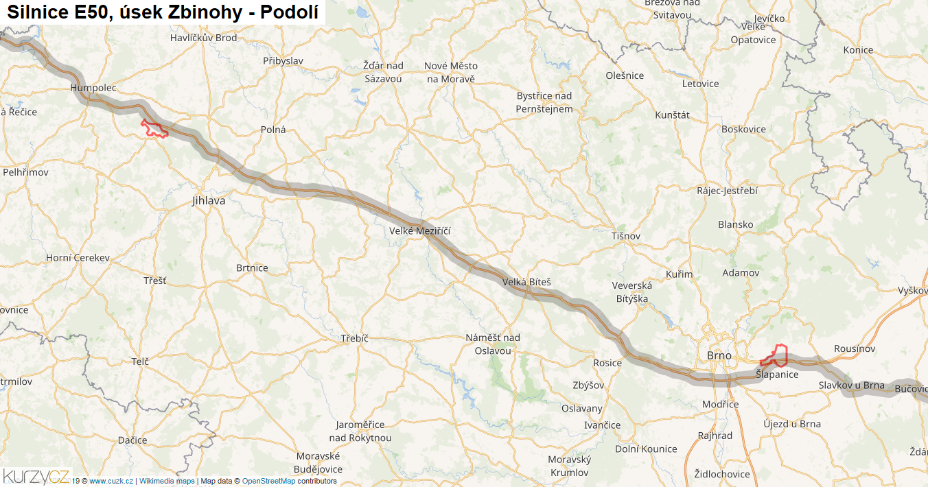 Úsek Zbinohy - Podolí, Silnice E50 - Mapa