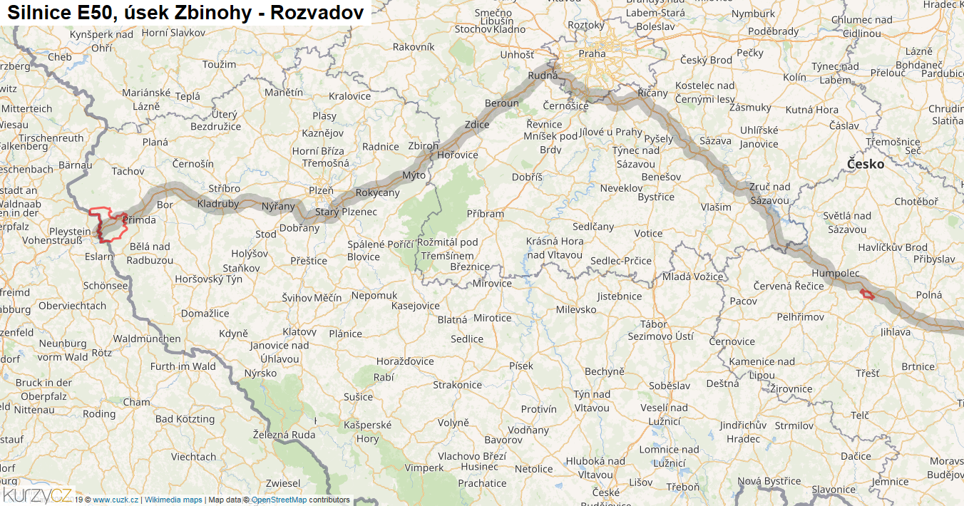 Úsek Zbinohy - Rozvadov, Silnice E50 - Mapa